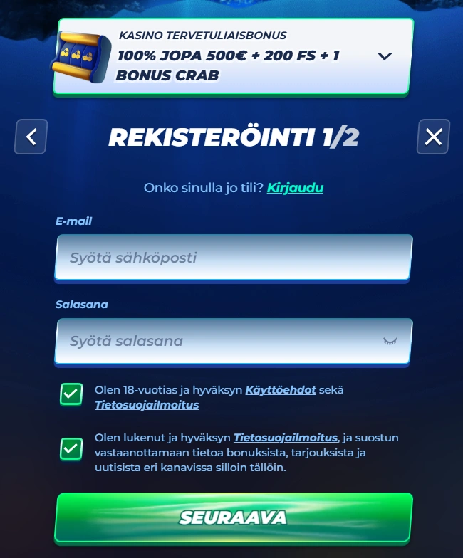 BassBet Casino Rekisteröinti askel 1